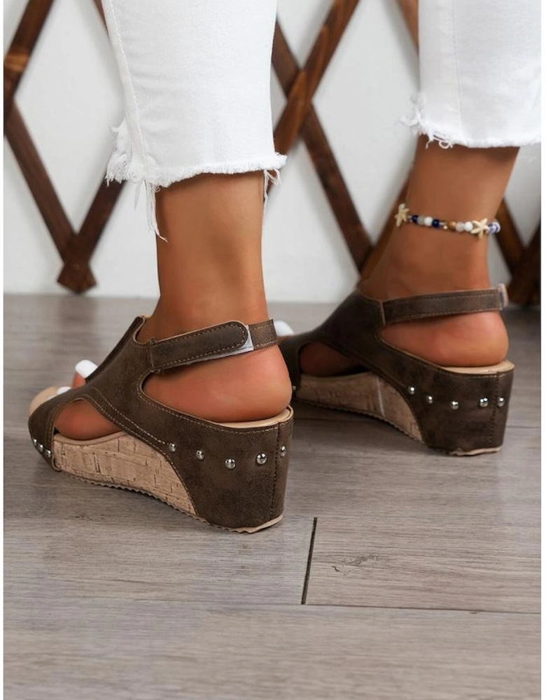 Chestnut Suede Patched Studded Cut Out Wedge Sandals