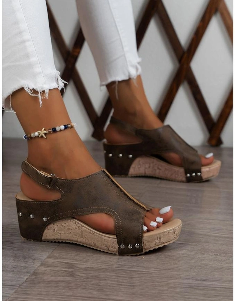 Chestnut Suede Patched Studded Cut Out Wedge Sandals