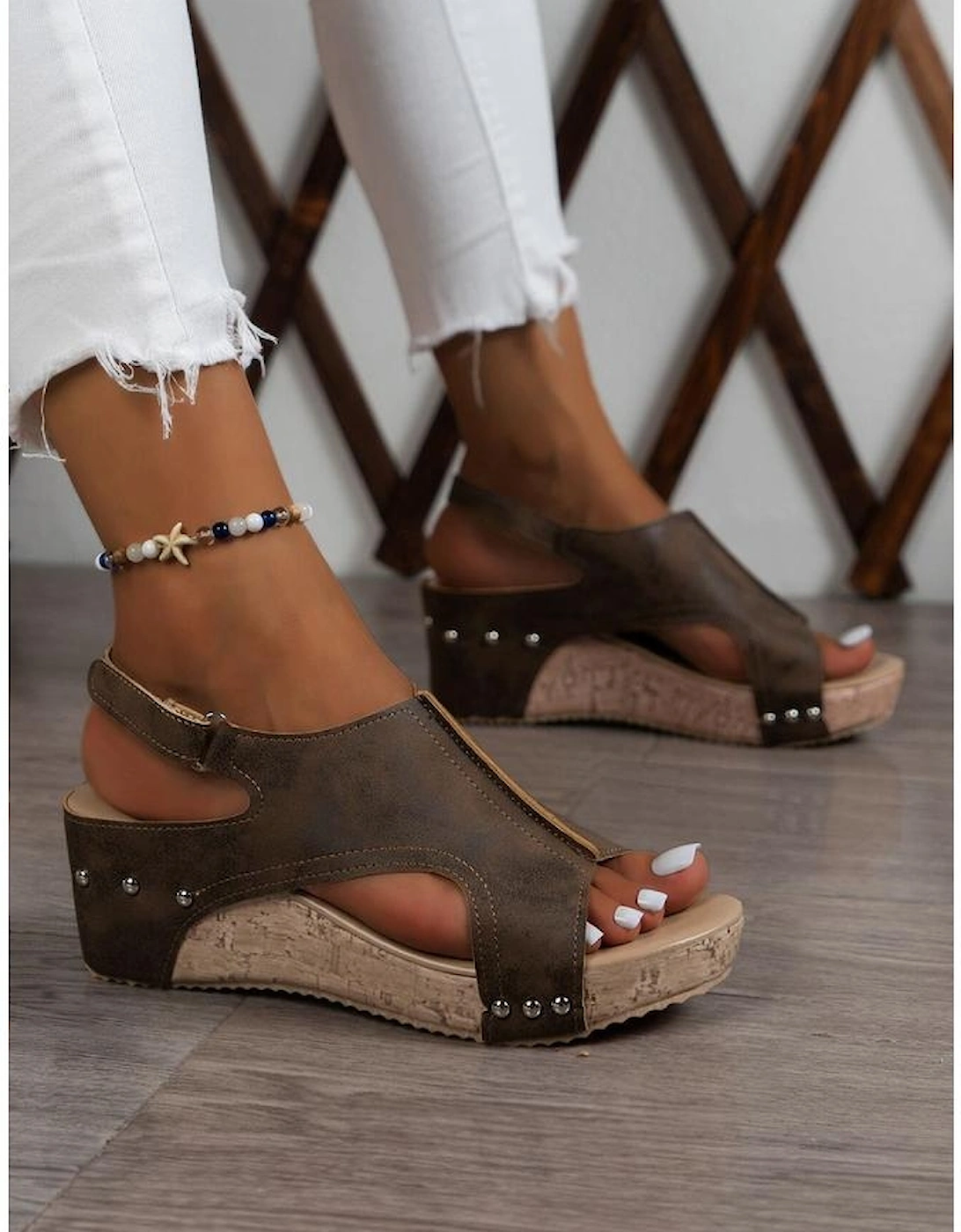 Chestnut Suede Patched Studded Cut Out Wedge Sandals, 6 of 5