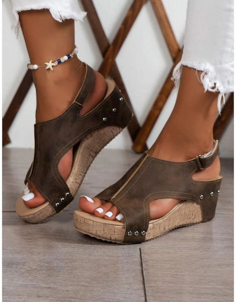 Chestnut Suede Patched Studded Cut Out Wedge Sandals