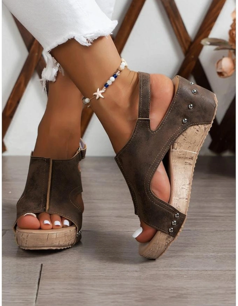 Chestnut Suede Patched Studded Cut Out Wedge Sandals