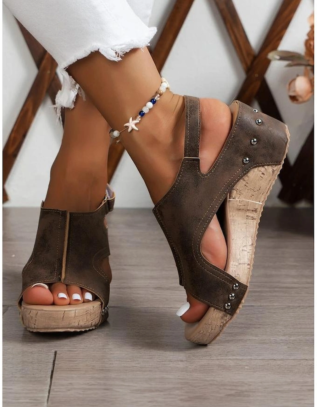 Chestnut Suede Patched Studded Cut Out Wedge Sandals