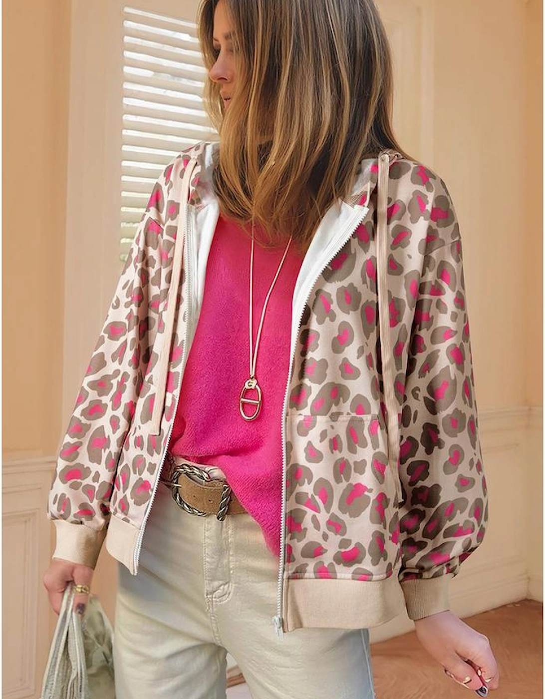 Rose Leopard Print Zip-up Hooded Sweatshirt