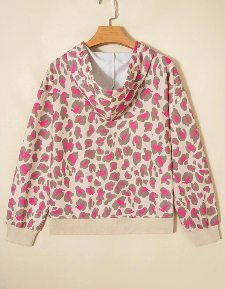 Rose Leopard Print Zip-up Hooded Sweatshirt