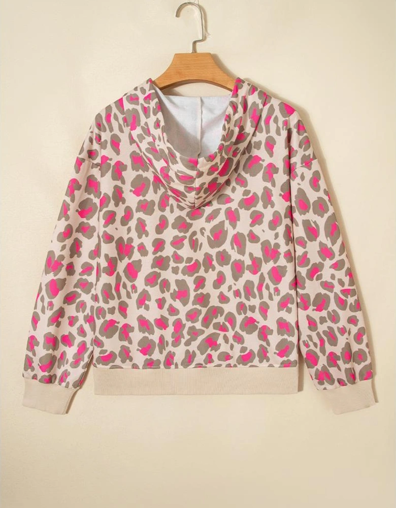 Rose Leopard Print Zip-up Hooded Sweatshirt