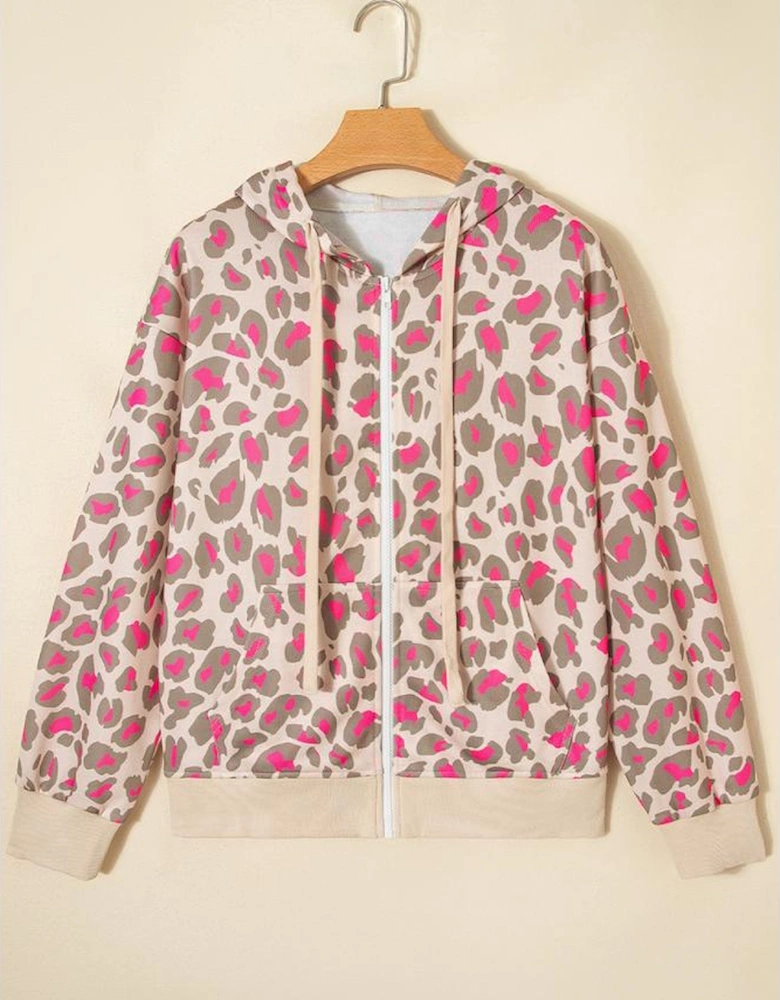 Rose Leopard Print Zip-up Hooded Sweatshirt