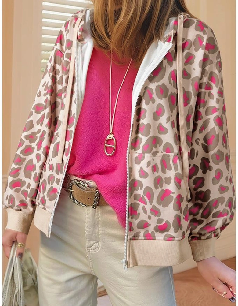 Rose Leopard Print Zip-up Hooded Sweatshirt