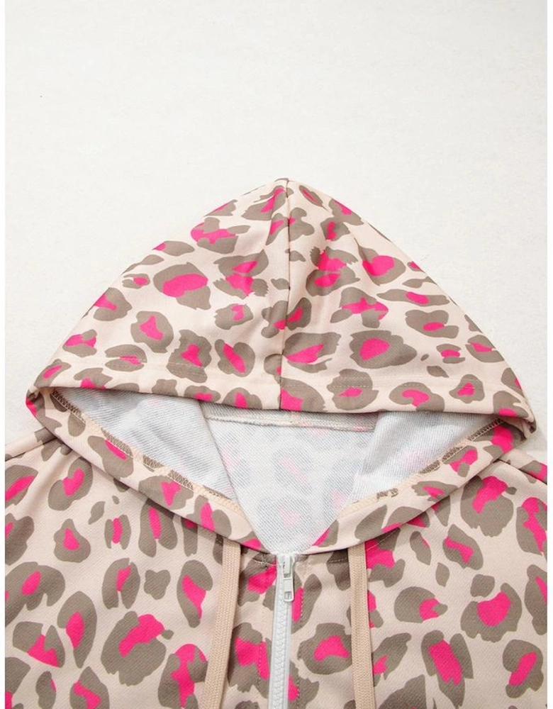 Rose Leopard Print Zip-up Hooded Sweatshirt