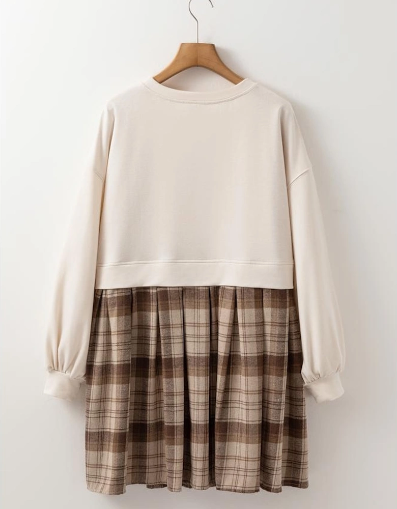 Beige Plaid Patchwork High Waist Sweatshirt Mini Dress