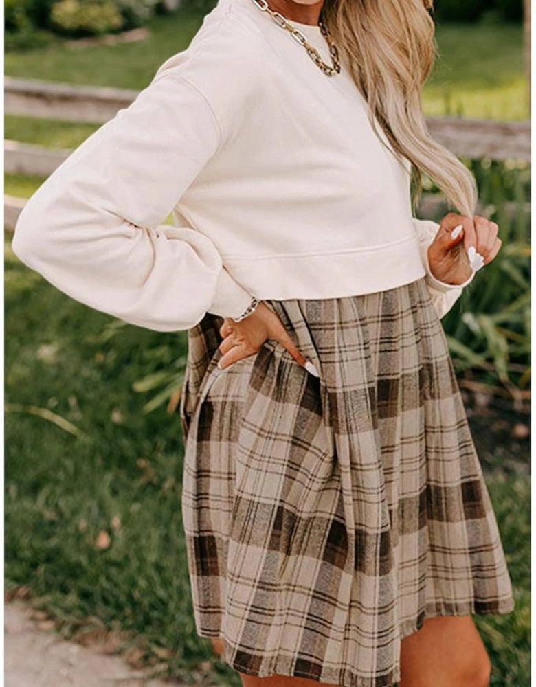 Beige Plaid Patchwork High Waist Sweatshirt Mini Dress