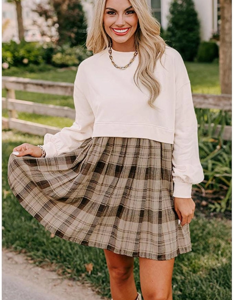 Beige Plaid Patchwork High Waist Sweatshirt Mini Dress