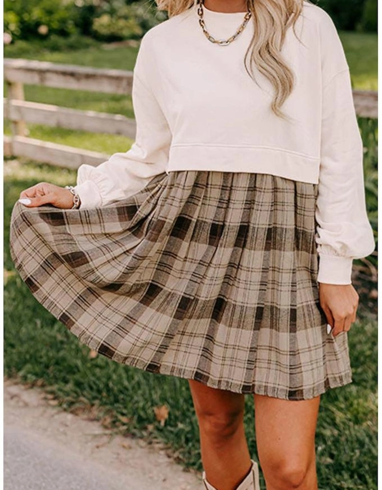 Beige Plaid Patchwork High Waist Sweatshirt Mini Dress
