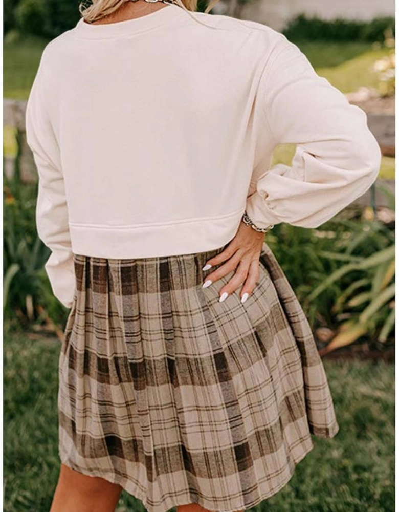 Beige Plaid Patchwork High Waist Sweatshirt Mini Dress