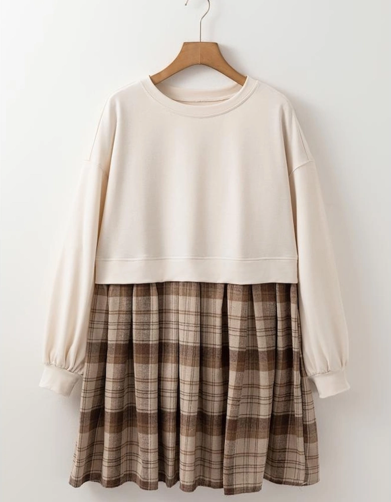 Beige Plaid Patchwork High Waist Sweatshirt Mini Dress