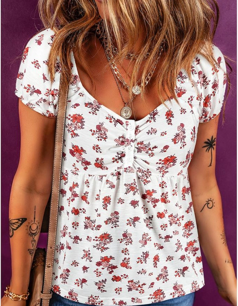 White Boho Floral Ruched Cinched Short Sleeve Blouse
