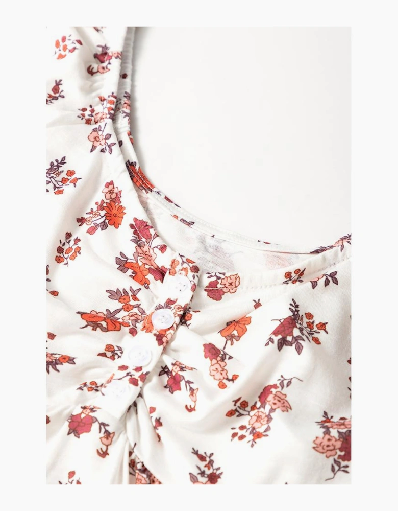 White Boho Floral Ruched Cinched Short Sleeve Blouse