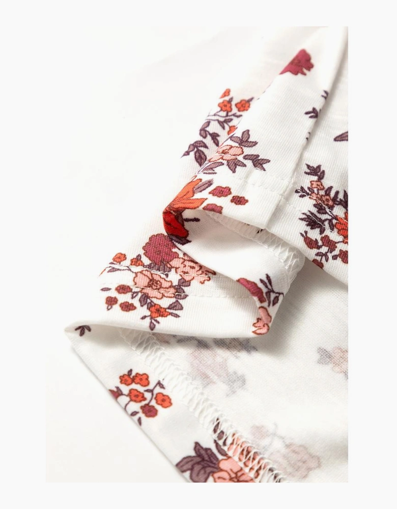 White Boho Floral Ruched Cinched Short Sleeve Blouse