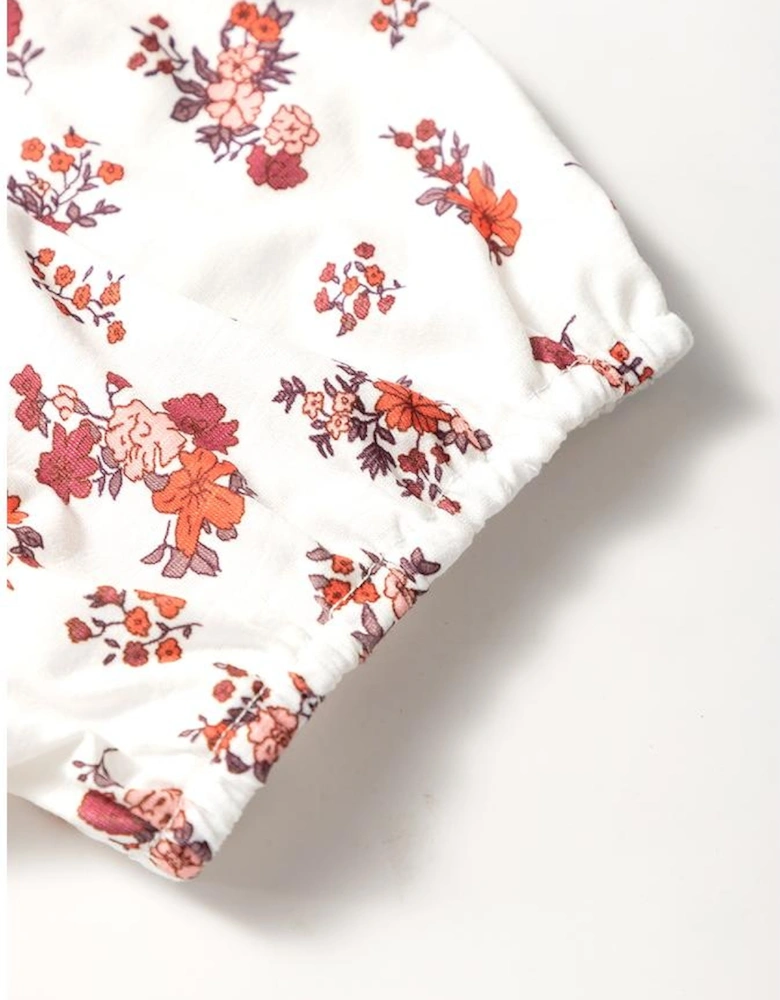 White Boho Floral Ruched Cinched Short Sleeve Blouse