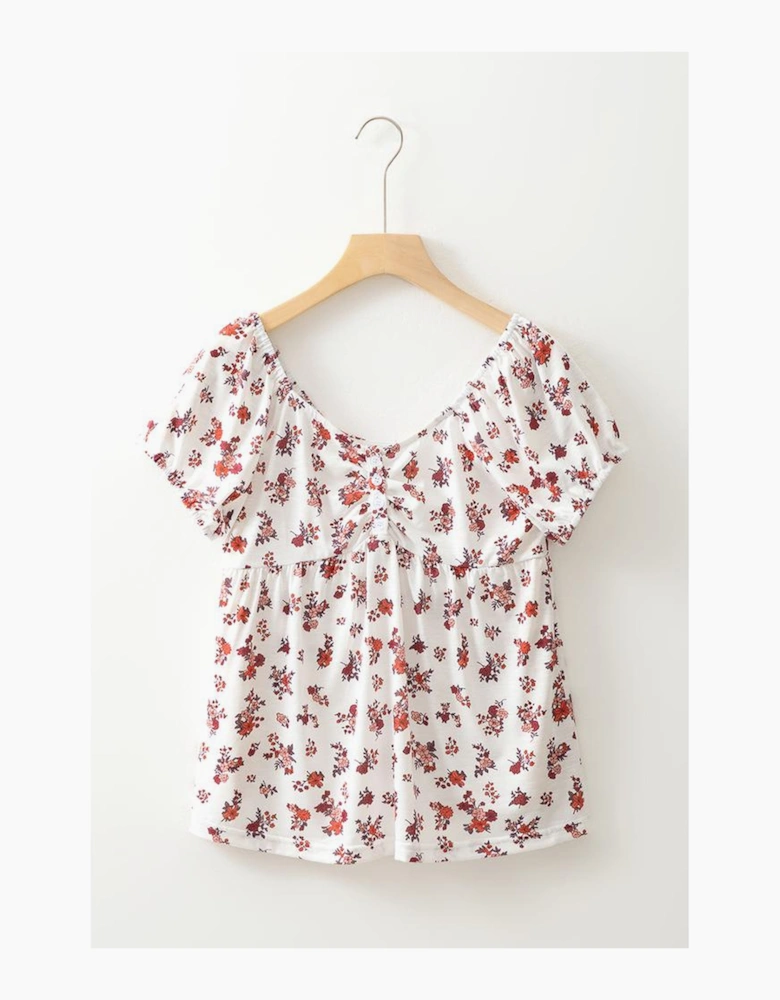 White Boho Floral Ruched Cinched Short Sleeve Blouse