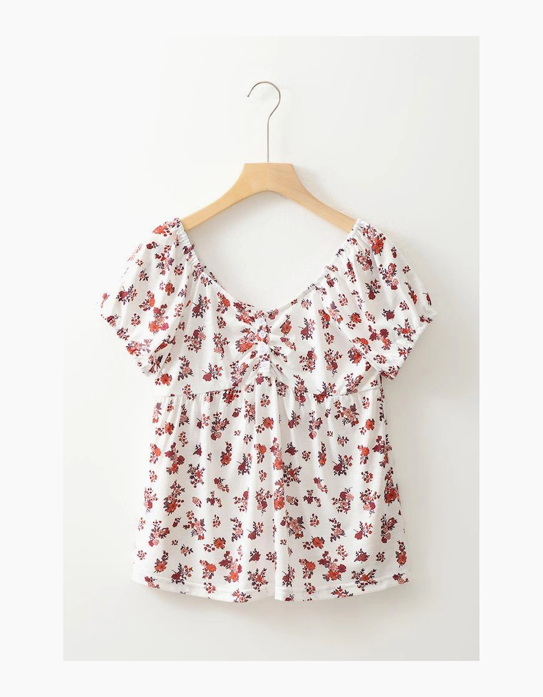 White Boho Floral Ruched Cinched Short Sleeve Blouse