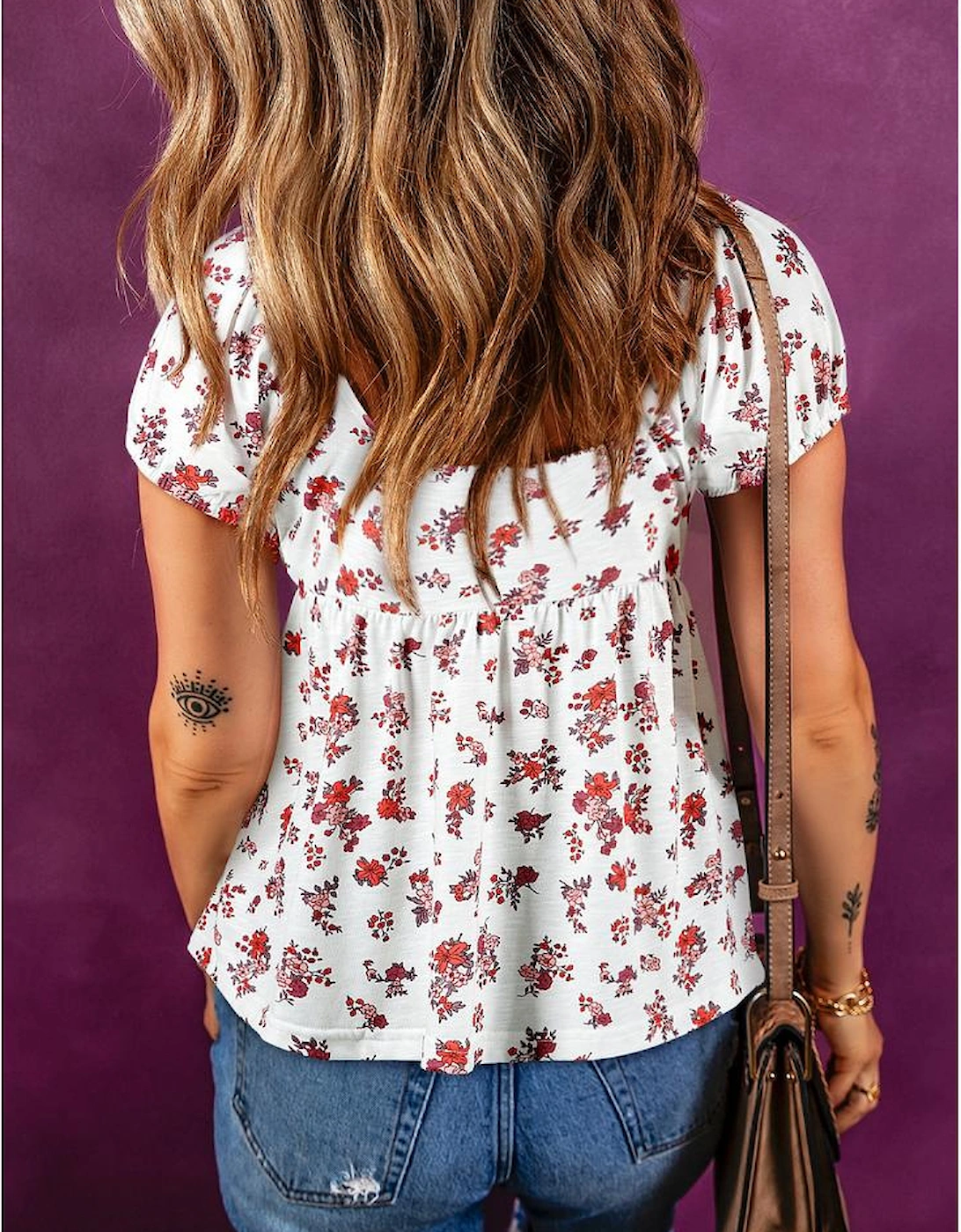 White Boho Floral Ruched Cinched Short Sleeve Blouse, 10 of 9