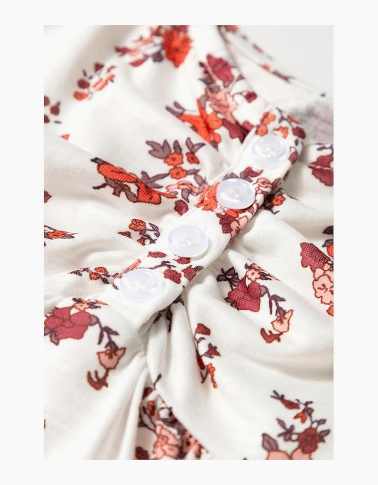 White Boho Floral Ruched Cinched Short Sleeve Blouse