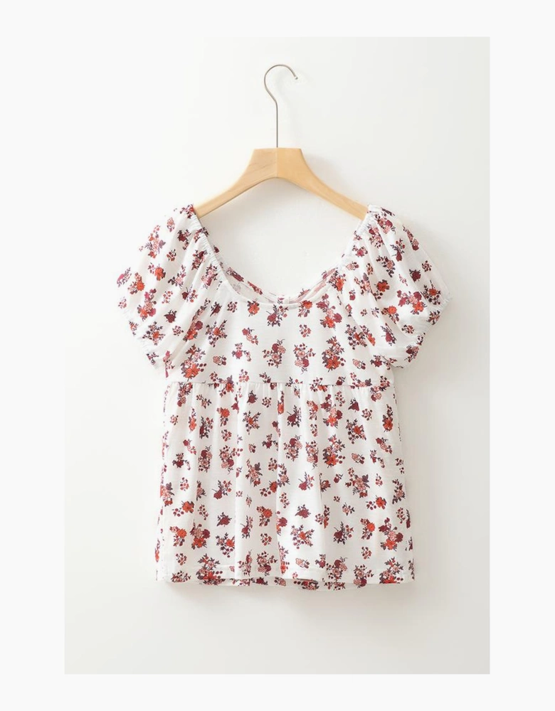 White Boho Floral Ruched Cinched Short Sleeve Blouse