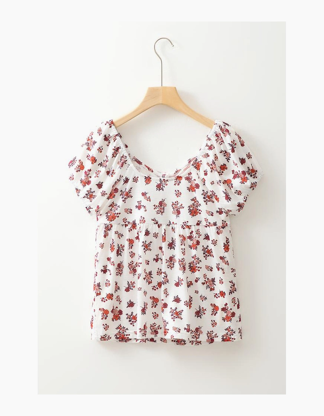 White Boho Floral Ruched Cinched Short Sleeve Blouse