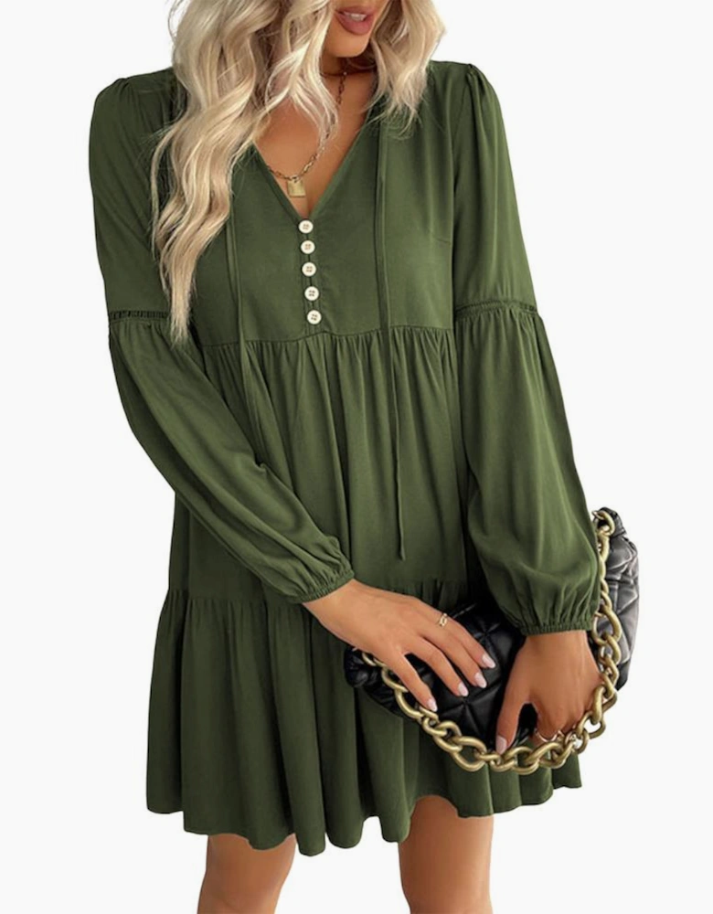 Green Lace Puff Sleeve Buttoned Tiered Ruffled Mini Dress