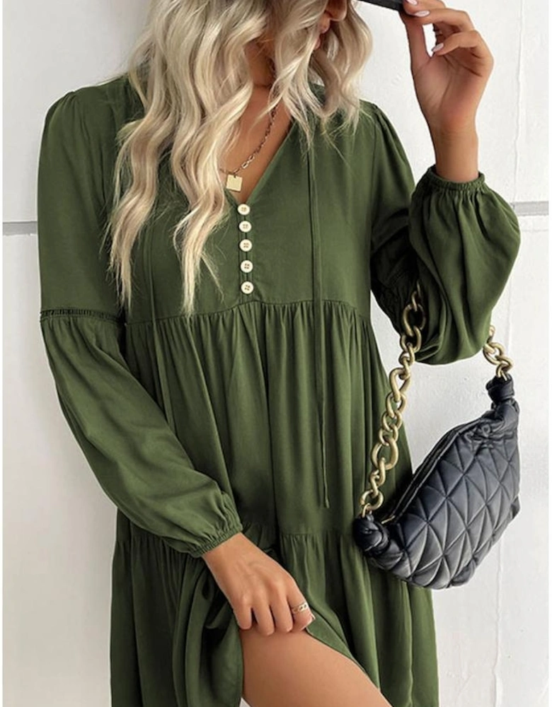 Green Lace Puff Sleeve Buttoned Tiered Ruffled Mini Dress