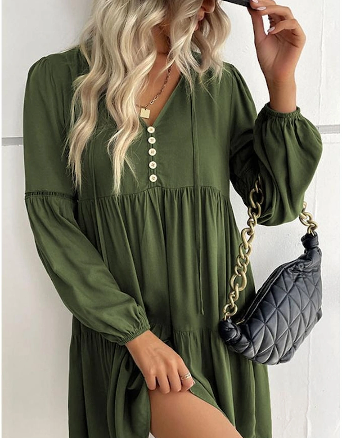 Green Lace Puff Sleeve Buttoned Tiered Ruffled Mini Dress