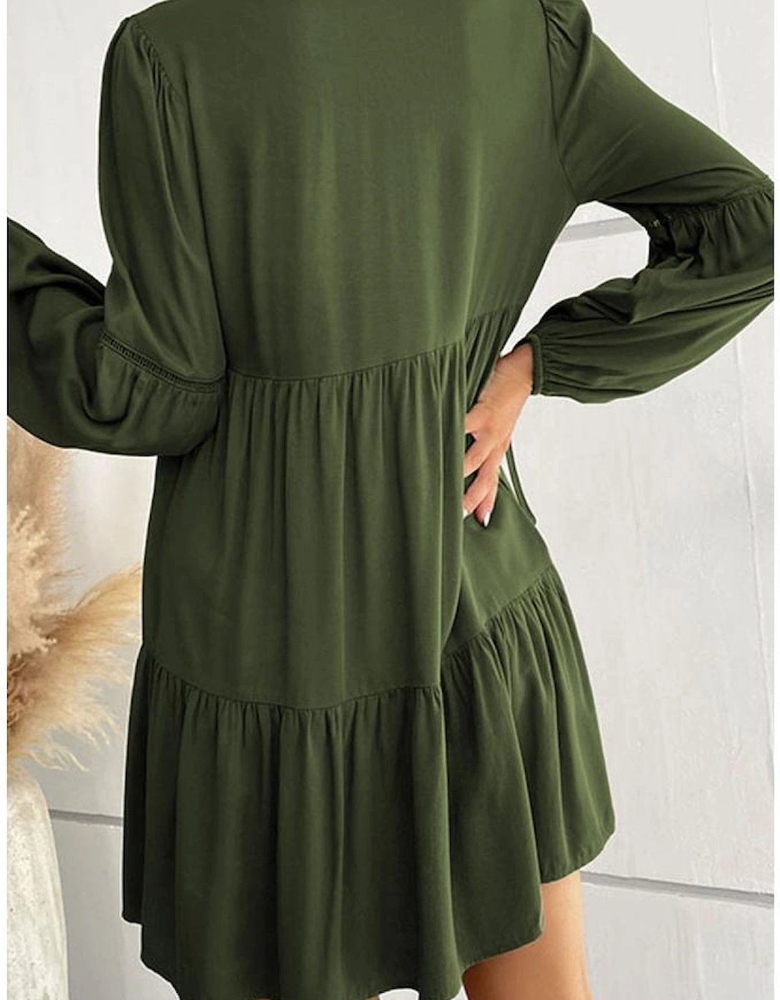 Green Lace Puff Sleeve Buttoned Tiered Ruffled Mini Dress