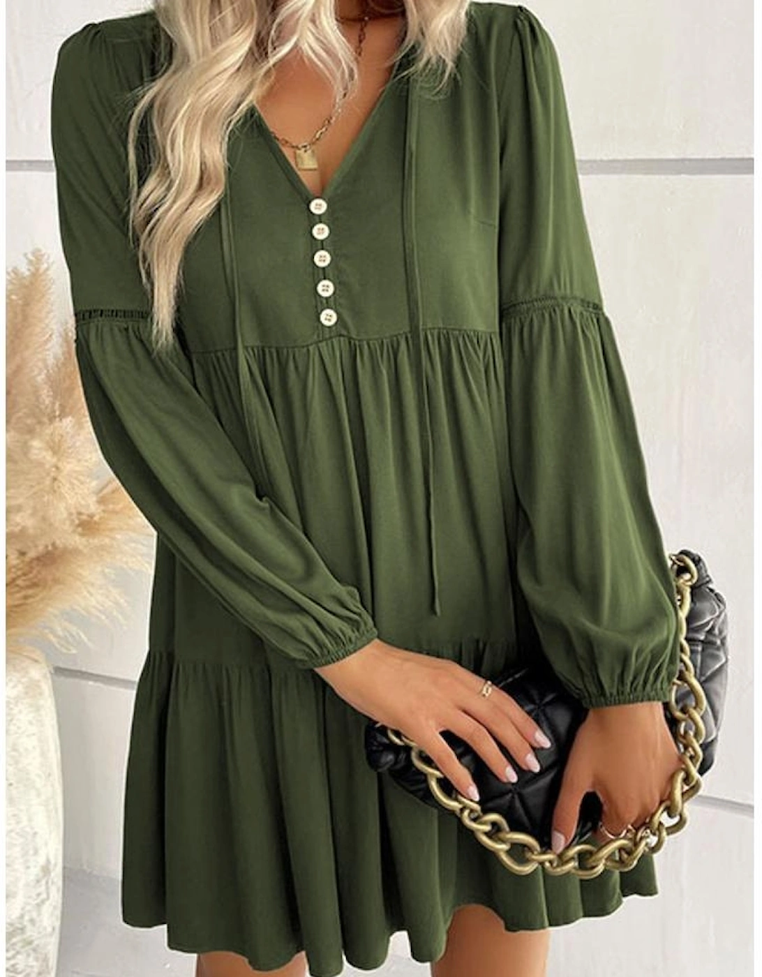 Green Lace Puff Sleeve Buttoned Tiered Ruffled Mini Dress
