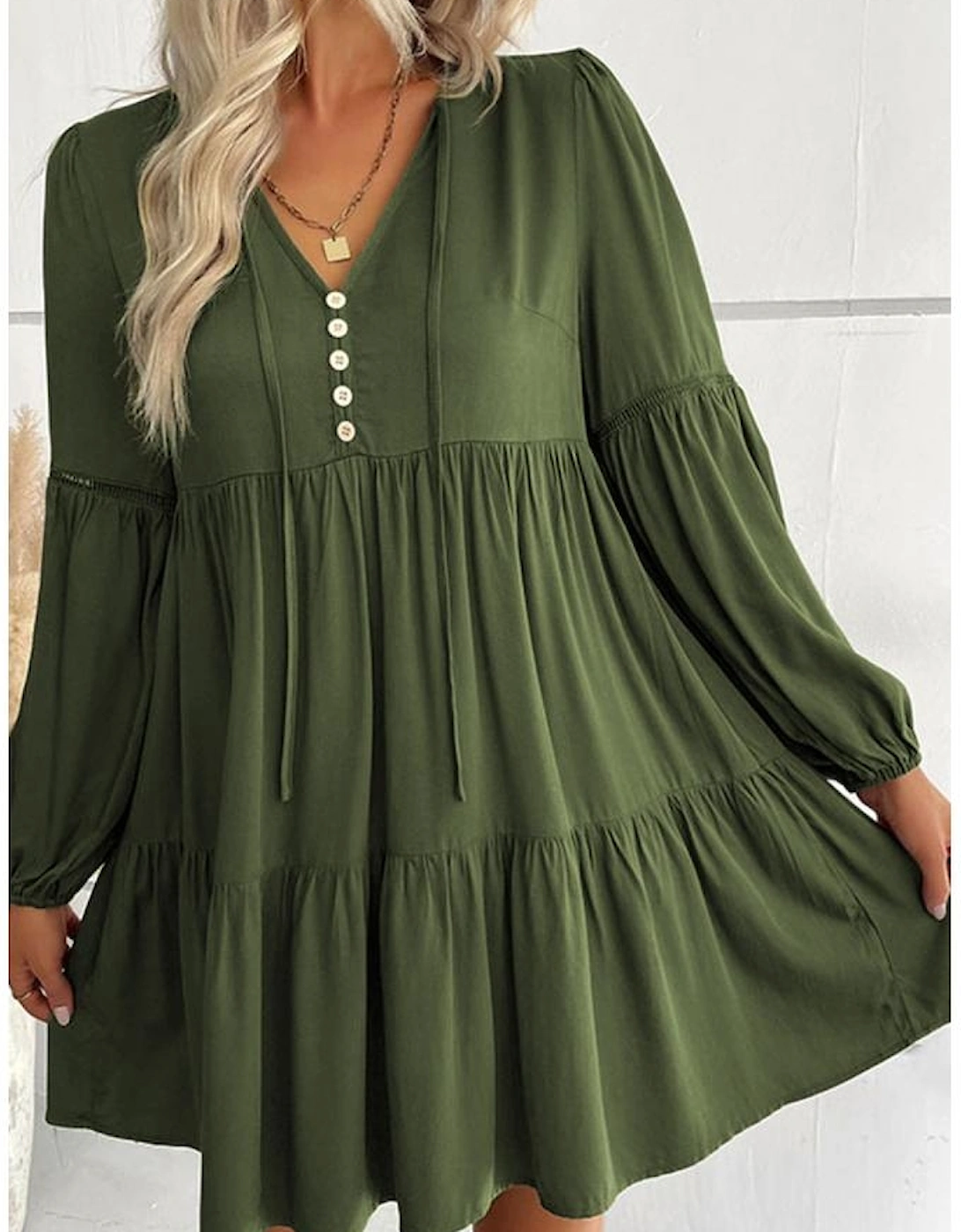 Green Lace Puff Sleeve Buttoned Tiered Ruffled Mini Dress