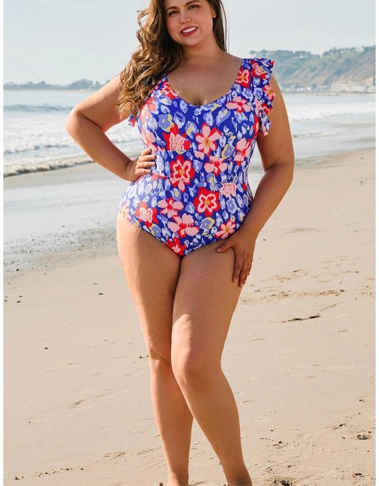Blue Floral Print Ruffled V Neck High Waist One Piece Swimwear