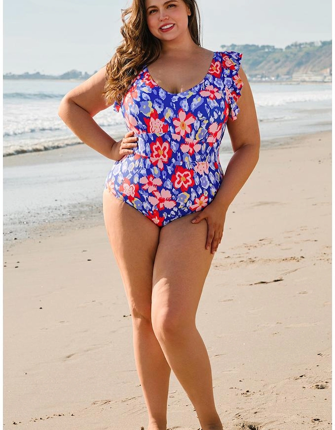 Blue Floral Print Ruffled V Neck High Waist One Piece Swimwear