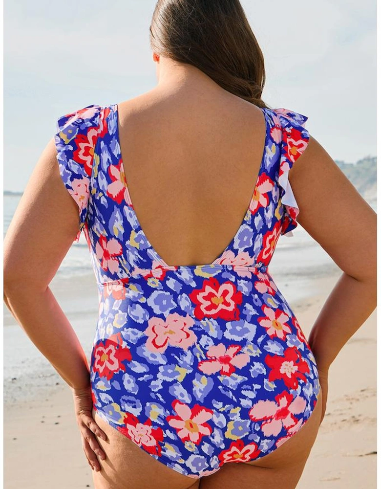 Blue Floral Print Ruffled V Neck High Waist One Piece Swimwear