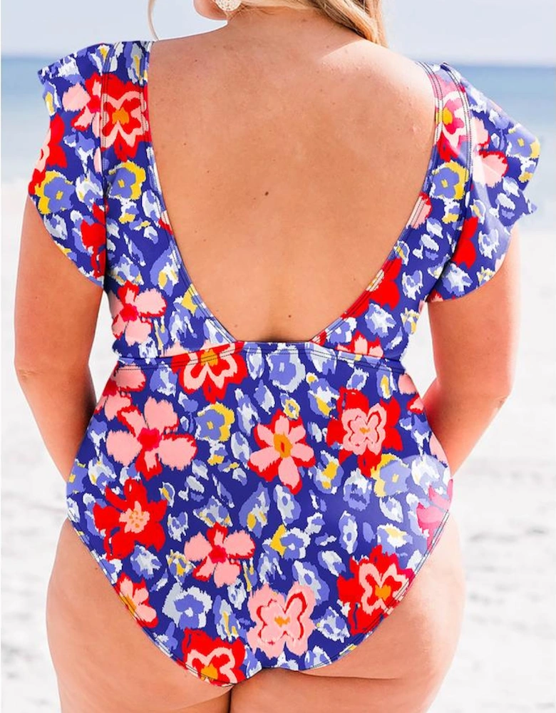 Blue Floral Print Ruffled V Neck High Waist One Piece Swimwear