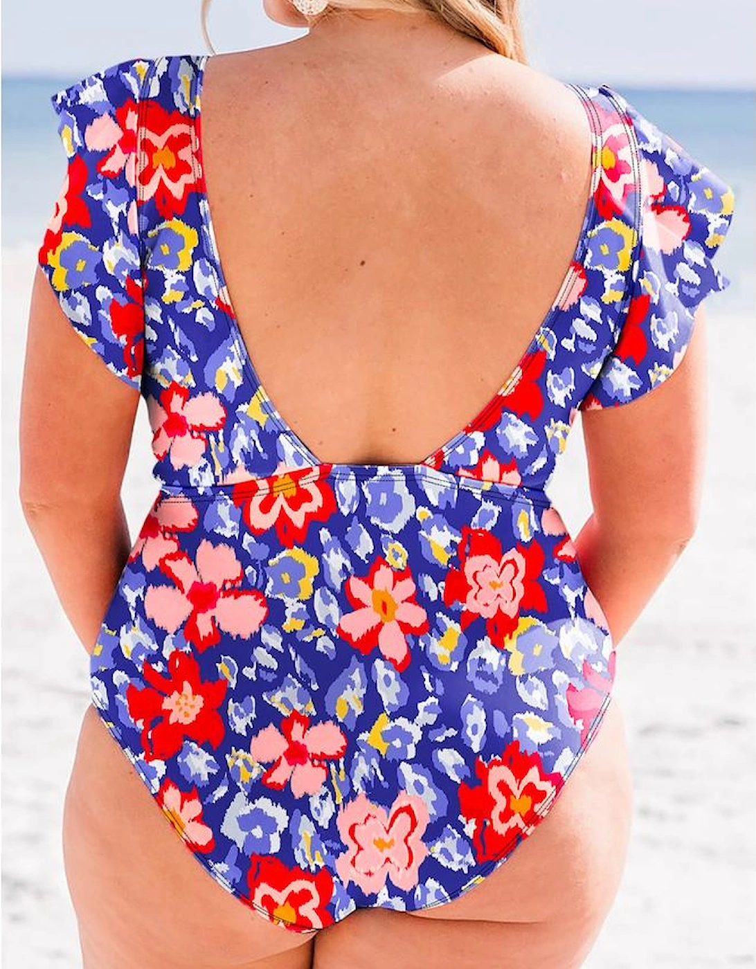 Blue Floral Print Ruffled V Neck High Waist One Piece Swimwear