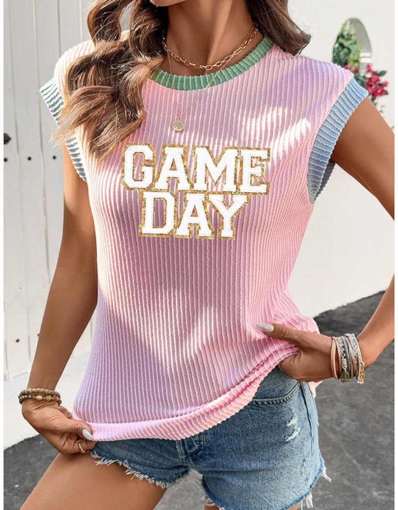 Pink Sequin GAME DAY Graphic Corded Rib Knit Colorblock T Shirt