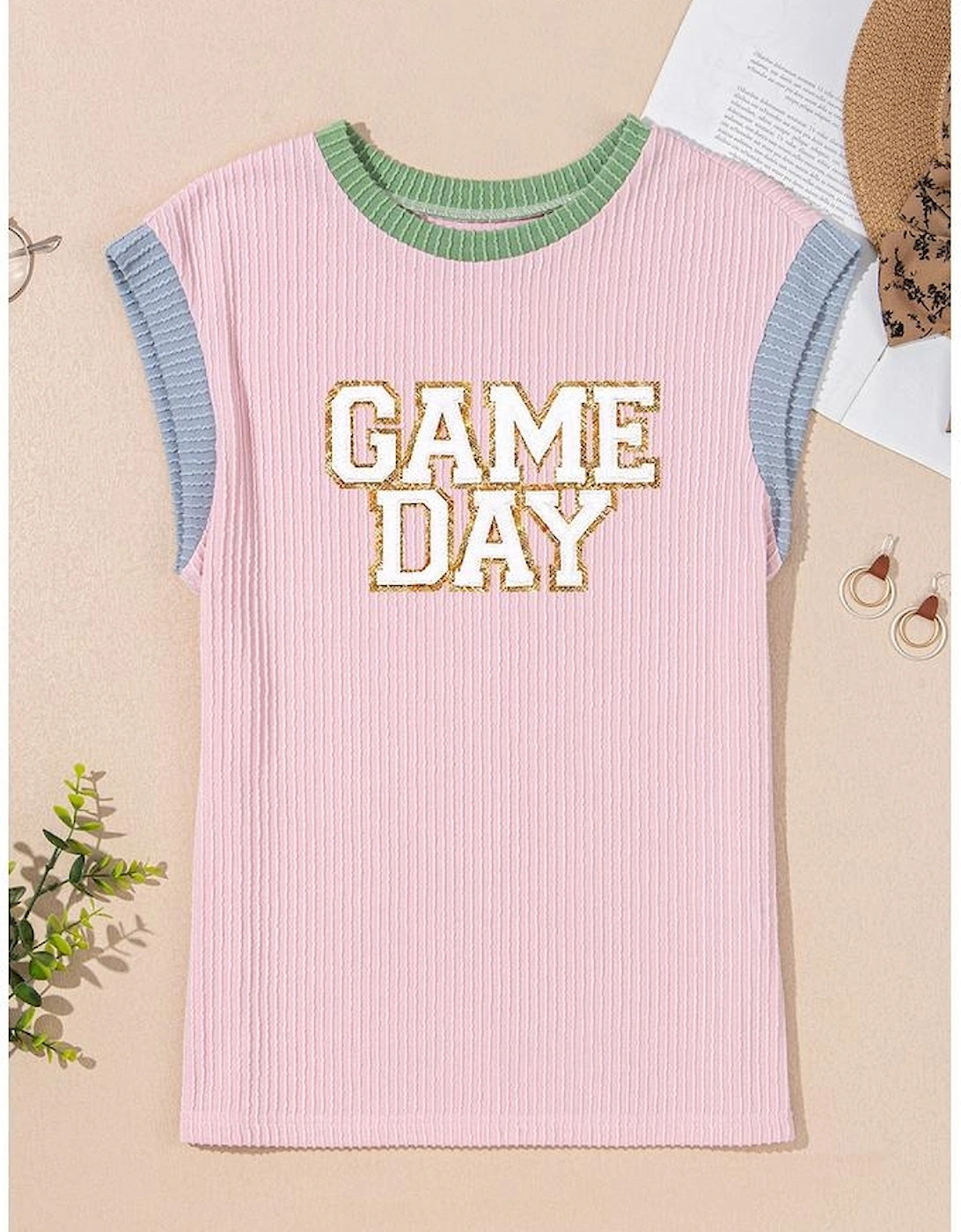 Pink Sequin GAME DAY Graphic Corded Rib Knit Colorblock T Shirt