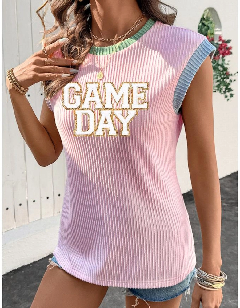 Pink Sequin GAME DAY Graphic Corded Rib Knit Colorblock T Shirt
