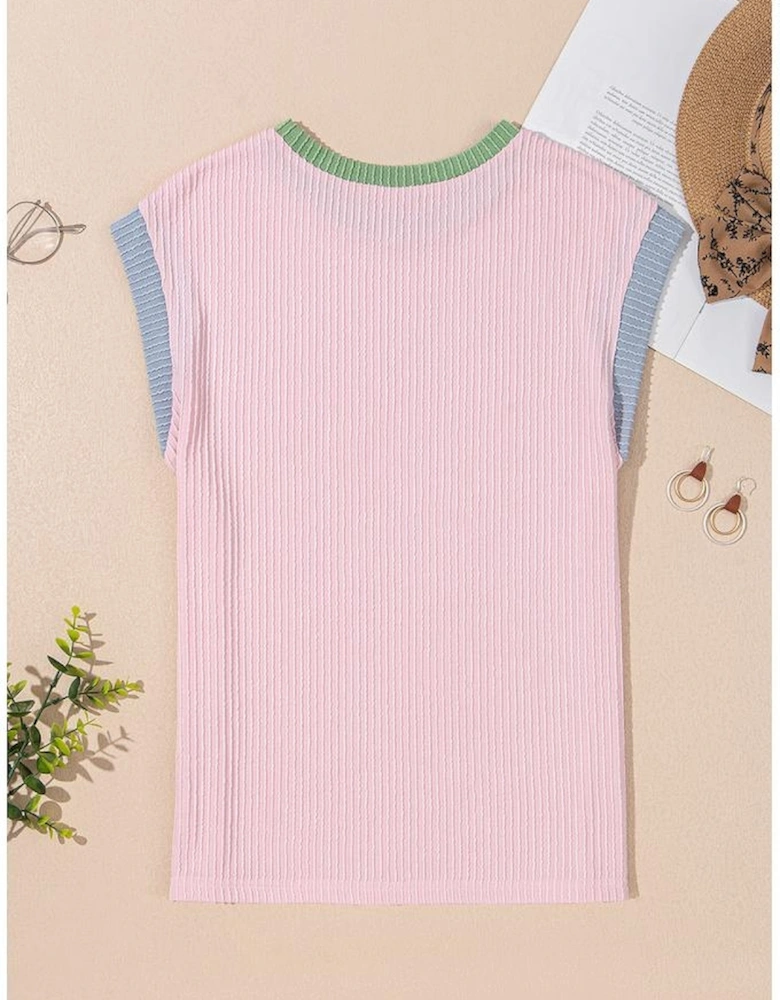 Pink Sequin GAME DAY Graphic Corded Rib Knit Colorblock T Shirt