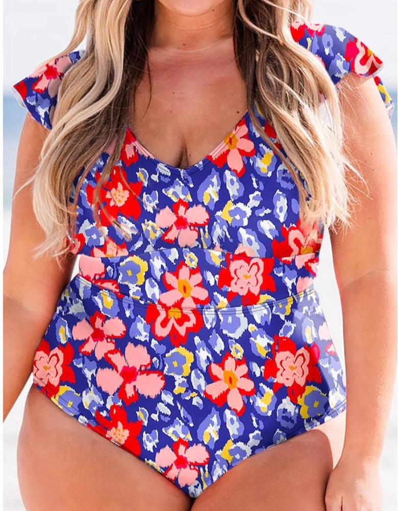 Blue Floral Print Ruffled V Neck High Waist One Piece Swimwear