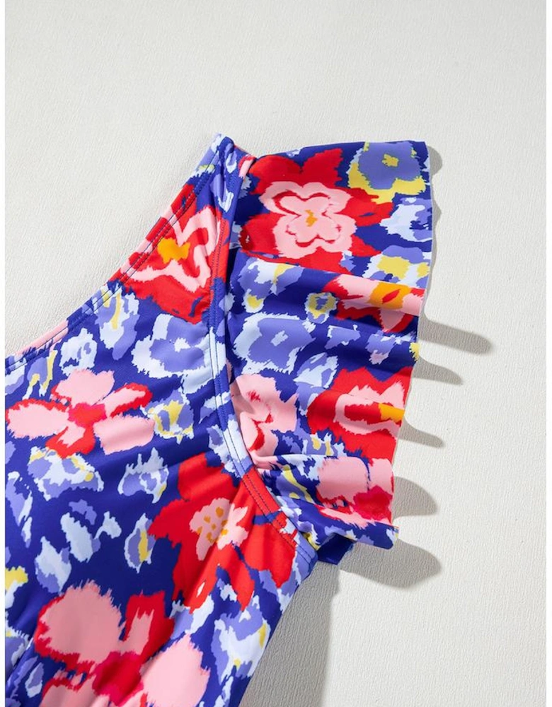 Blue Floral Print Ruffled V Neck High Waist One Piece Swimwear