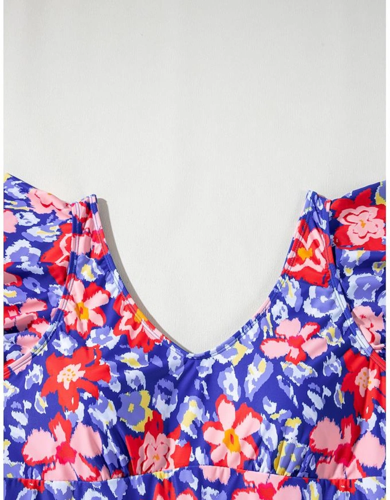 Blue Floral Print Ruffled V Neck High Waist One Piece Swimwear