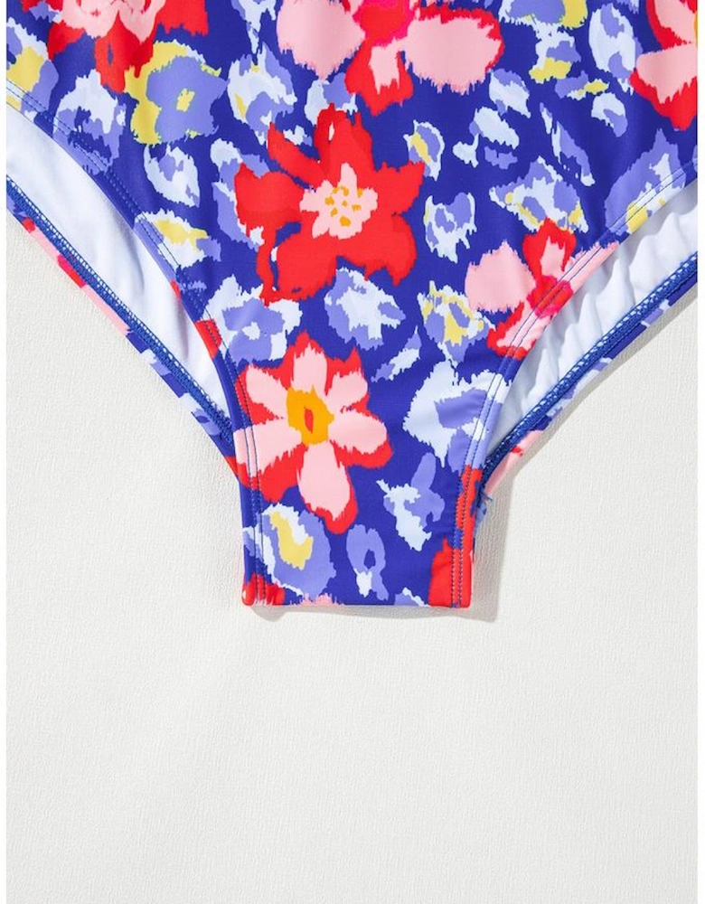 Blue Floral Print Ruffled V Neck High Waist One Piece Swimwear