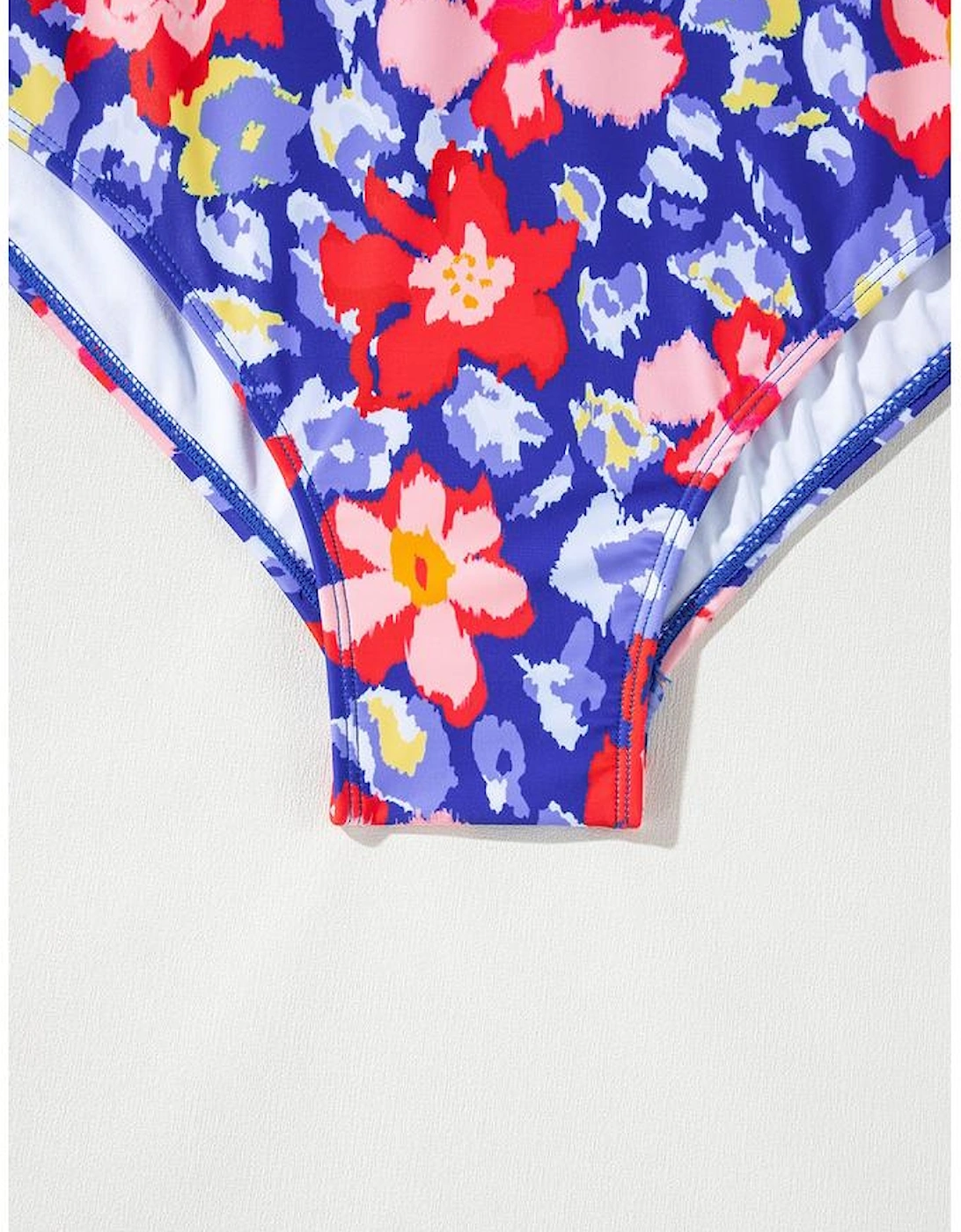 Blue Floral Print Ruffled V Neck High Waist One Piece Swimwear