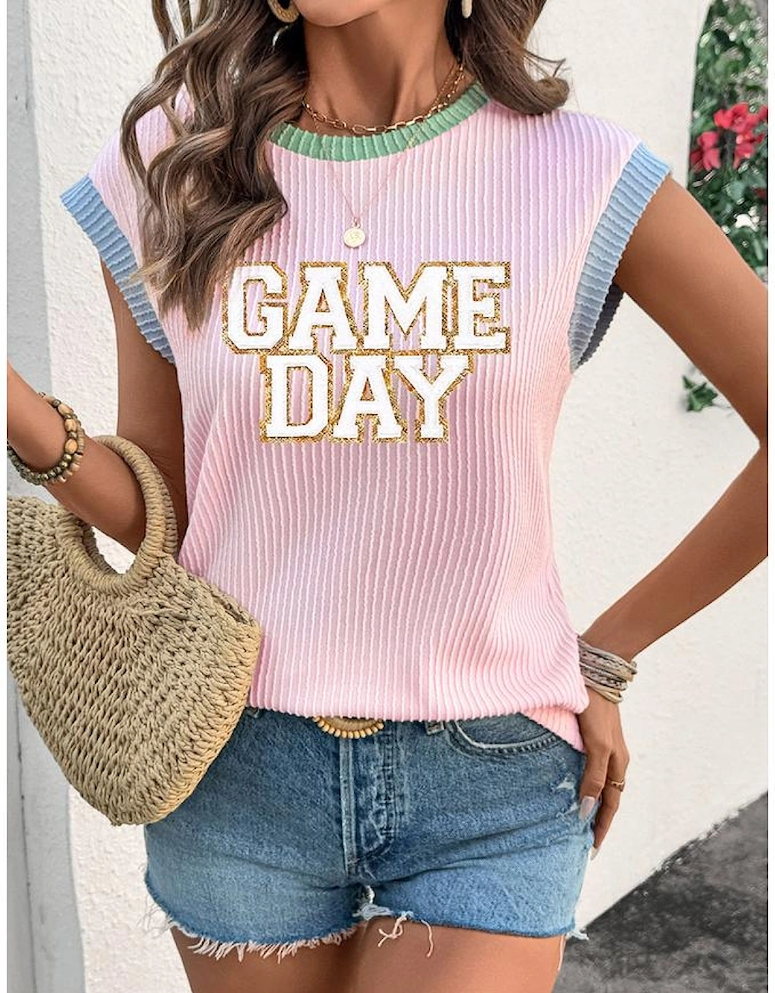 Pink Sequin GAME DAY Graphic Corded Rib Knit Colorblock T Shirt