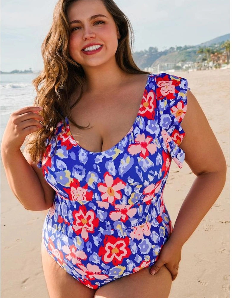 Blue Floral Print Ruffled V Neck High Waist One Piece Swimwear